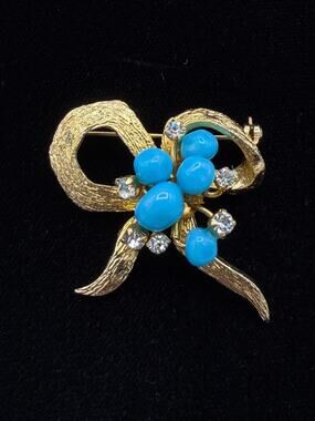 Vintage Christian Dior 1966 Germany Gold Tone Turquoise Stone Brooch Pin